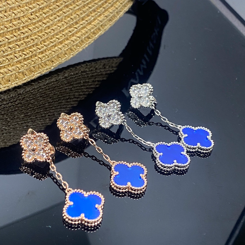 VAE53 Women's new blue chalcedony diamond studded two flower earring jewelry