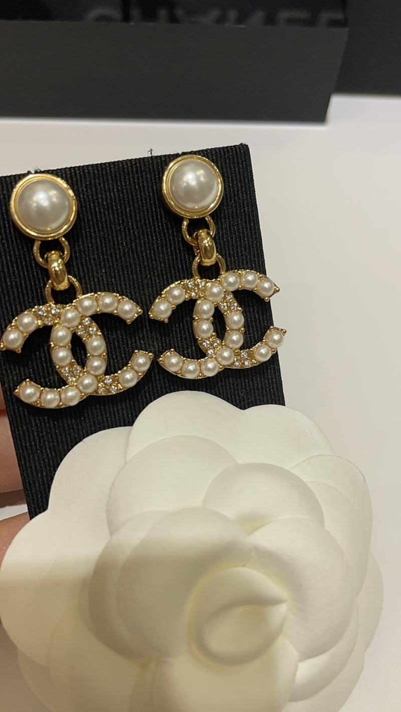 CHE88 Women's rhinestone pearl double C pendant earrings jewelry