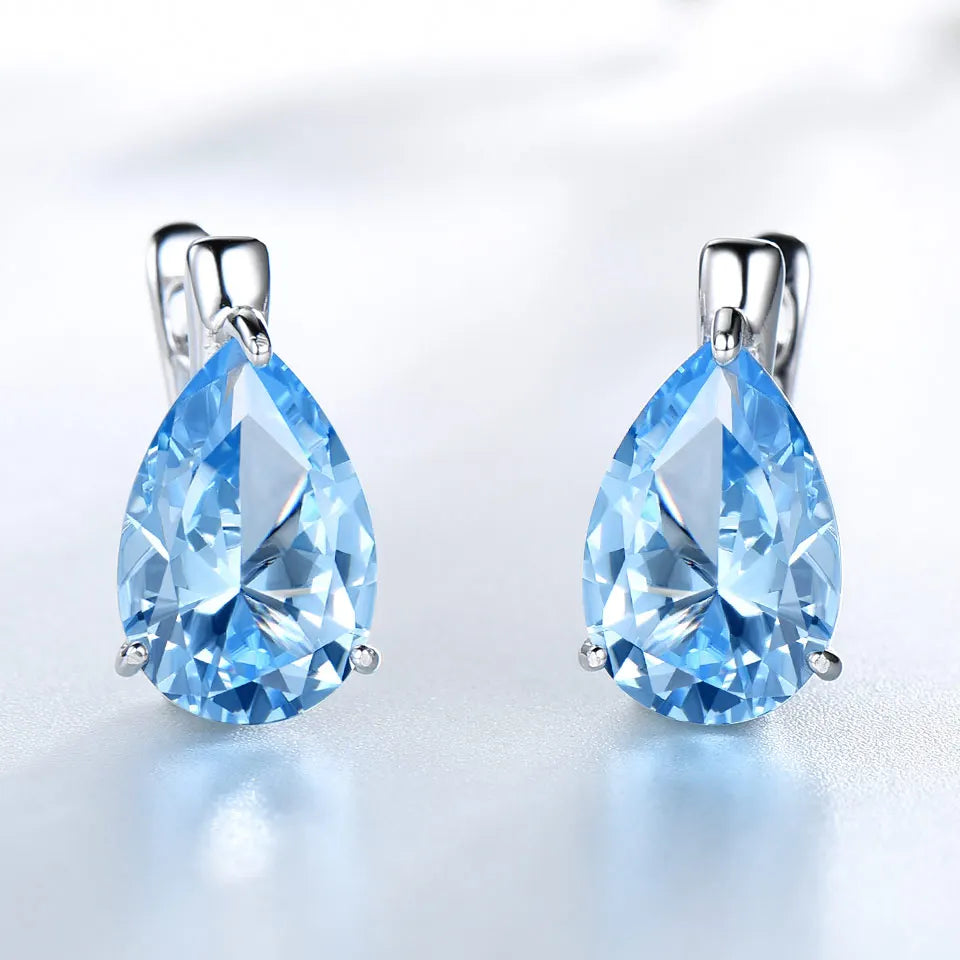 UMCHO Luxury Nano Gemstone Blue Topaz Clip Earrings For Women 925 Sterling Silver Clip On Earrings Water Drop Fine Jewelry Gift