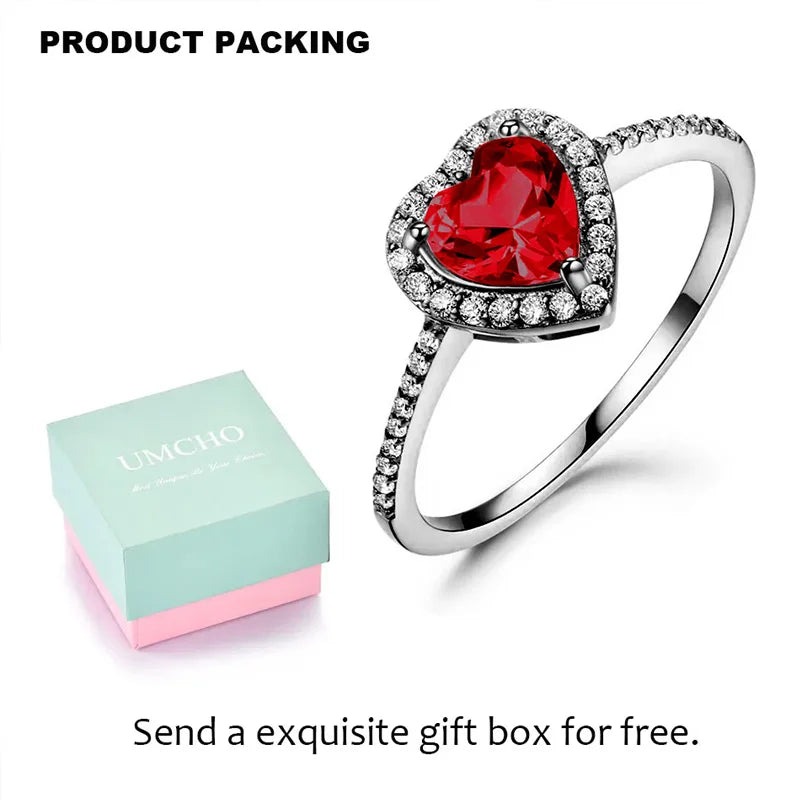 UMCHO 925 silver original women Garnet Heart Love Ring For Girlfriend Birthday Gift Luxury Women's Jewerly Diy