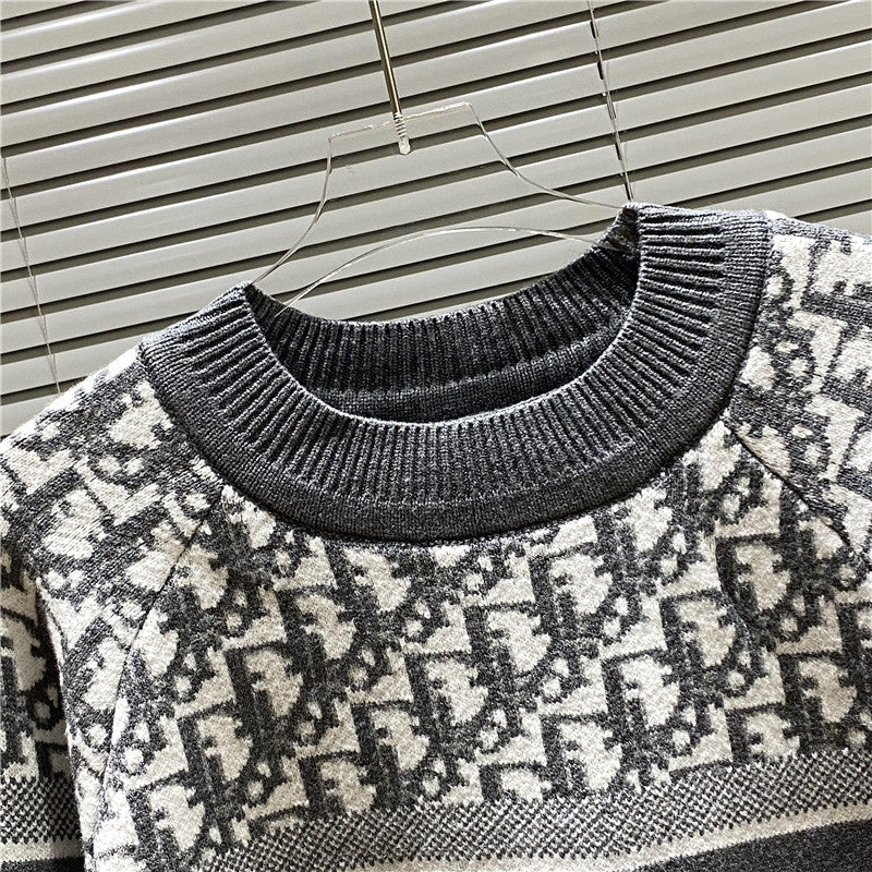DIC89 Men's and women's r full letter logo indirect striped jacquard crew neck sweater