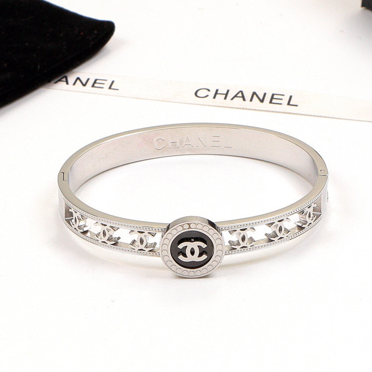 CHB58 Women's Three-dimensional Letters Black 18K Plated Titanium Steel Hollow Bracelet Jewelry