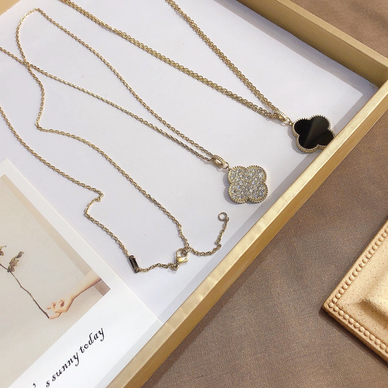 X360 Diamond on one side and black four-leaf clover necklace, can be worn alone or double Jewelry