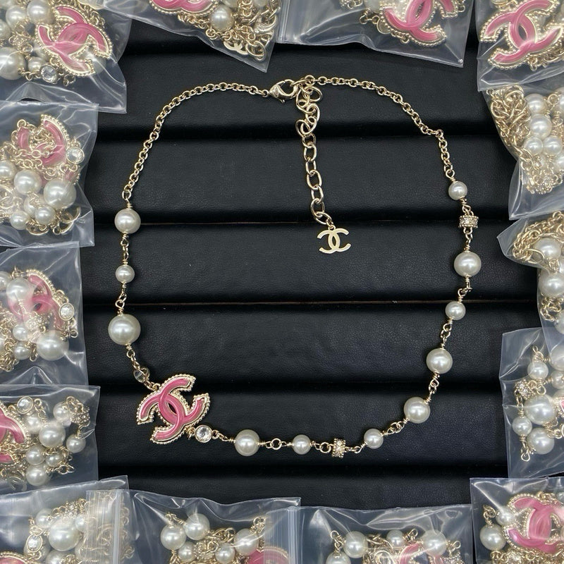 CHN92 Women's pearl powder crystal double C necklace jewelry