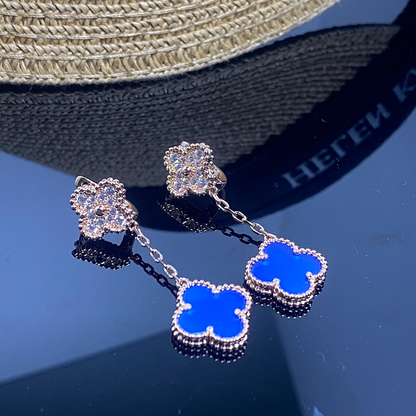 VAE53  Women's new blue chalcedony diamond studded two flower earring jewelry