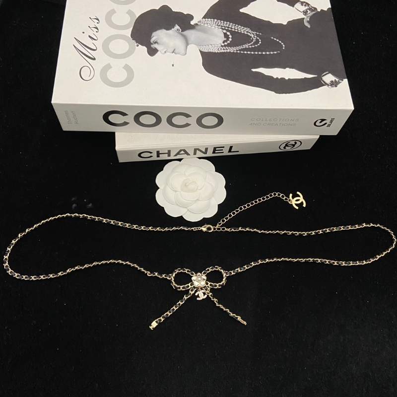 CHN119  Women's new gold double C leather chain bow waist chain/sweater chain jewelry