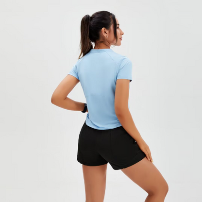 zalo2132   Women's solid color short sleeved round neck quick drying running sports yoga summer top clothing