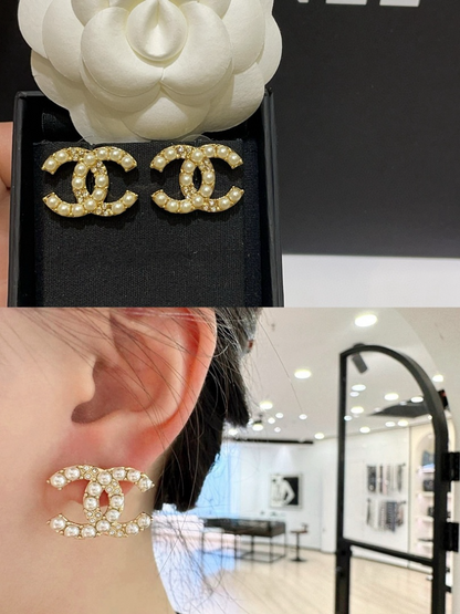 CHE86  Women's 24A rhinestone pearl double C earring jewelry