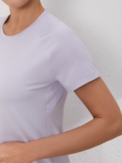 zalo2148  Women's short sleeved round neck split hem slimming and slimming, quick drying running and fitness clothing