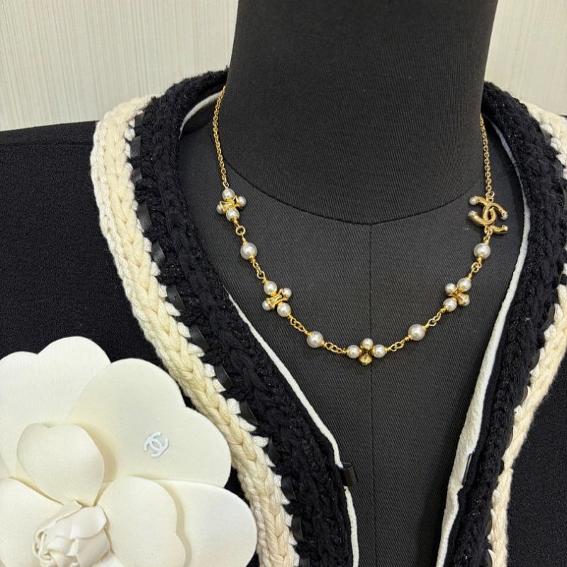 CHN108  Women's 26P Gold Double C Gold Bean Pearl Necklace Jewelry