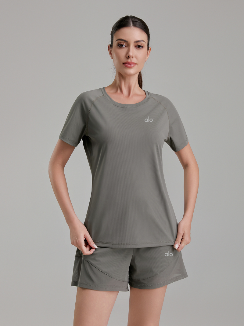 zalo2163   Women's summer clothing round neck mesh splicing refreshing and breathable quick drying clothes anti glare shorts set clothing