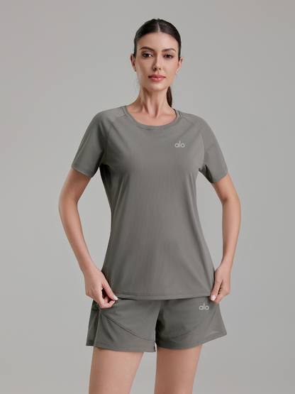 zalo2163   Women's summer clothing round neck mesh splicing refreshing and breathable quick drying clothes anti glare shorts set clothing