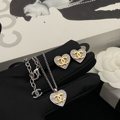 CHN107  Women's New Love Full Diamond Necklace Earnail Set Jewelry