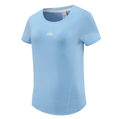 zalo2132   Women's solid color short sleeved round neck quick drying running sports yoga summer top clothing