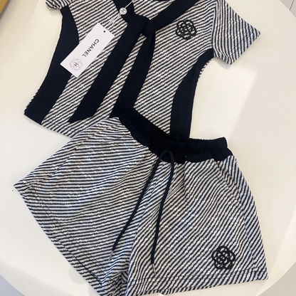 TCHC20 New girls' summer cotton collar top+cotton shorts set Clothing