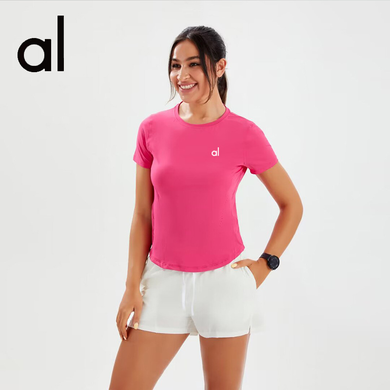 zalo2132   Women's solid color short sleeved round neck quick drying running sports yoga summer top clothing