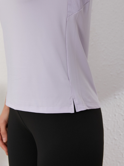 zalo2148  Women's short sleeved round neck split hem slimming and slimming, quick drying running and fitness clothing