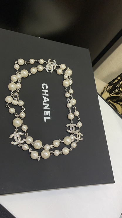 CHN120  Women's Classic Full Diamond C Pearl Necklace Sweater Chain Jewelry