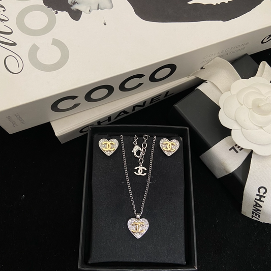 CHN107  Women's New Love Full Diamond Necklace Earnail Set Jewelry