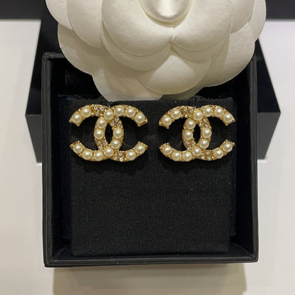 CHE86  Women's 24A rhinestone pearl double C earring jewelry