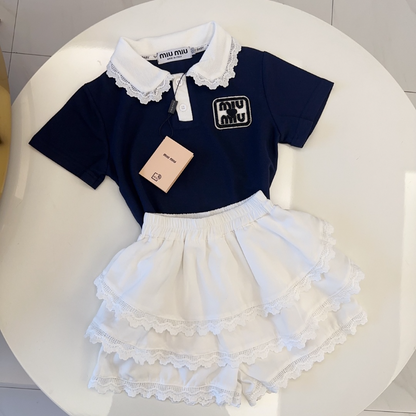 TMIUC2 New girls' summer cotton collar top+cotton shorts set Clothing