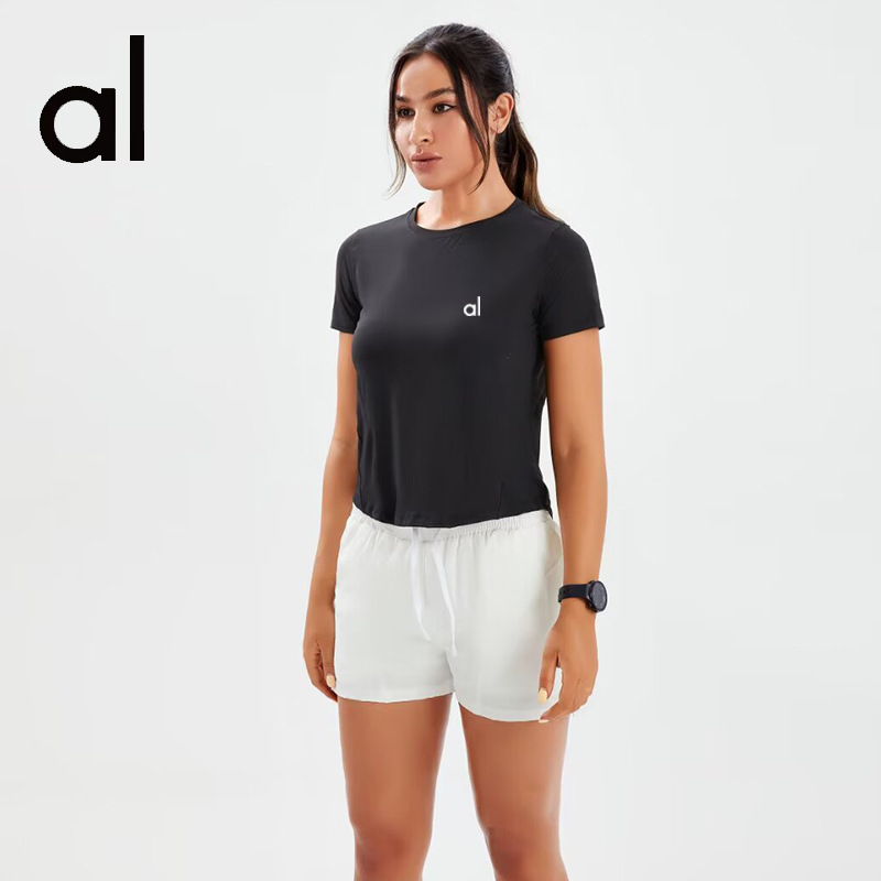 zalo2132   Women's solid color short sleeved round neck quick drying running sports yoga summer top clothing
