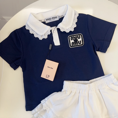 TMIUC2 New girls' summer cotton collar top+cotton shorts set Clothing