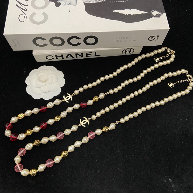 CHN113  Women's Double C Pearl Long Necklace/Sweater Chain Jewelry