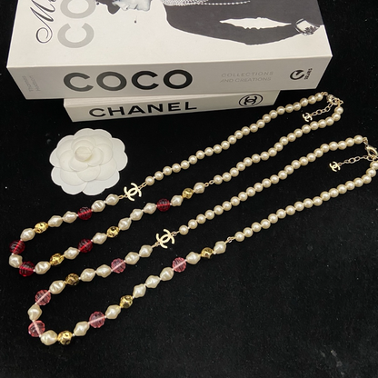 CHN113  Women's Double C Pearl Long Necklace/Sweater Chain Jewelry