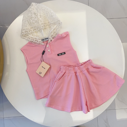 TMIUC1 New girls' summer cotton collar top+cotton shorts set Clothing