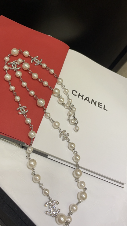 CHN120  Women's Classic Full Diamond C Pearl Necklace Sweater Chain Jewelry