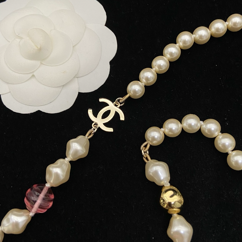 CHN113  Women's Double C Pearl Long Necklace/Sweater Chain Jewelry