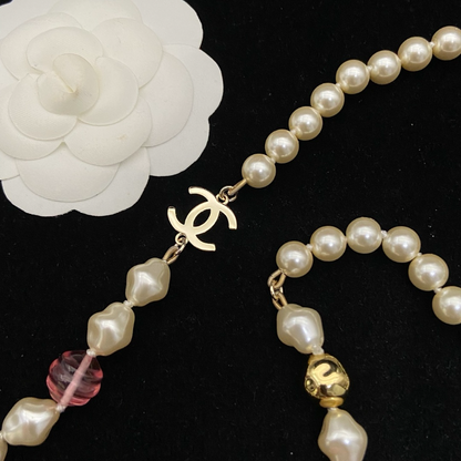 CHN113  Women's Double C Pearl Long Necklace/Sweater Chain Jewelry