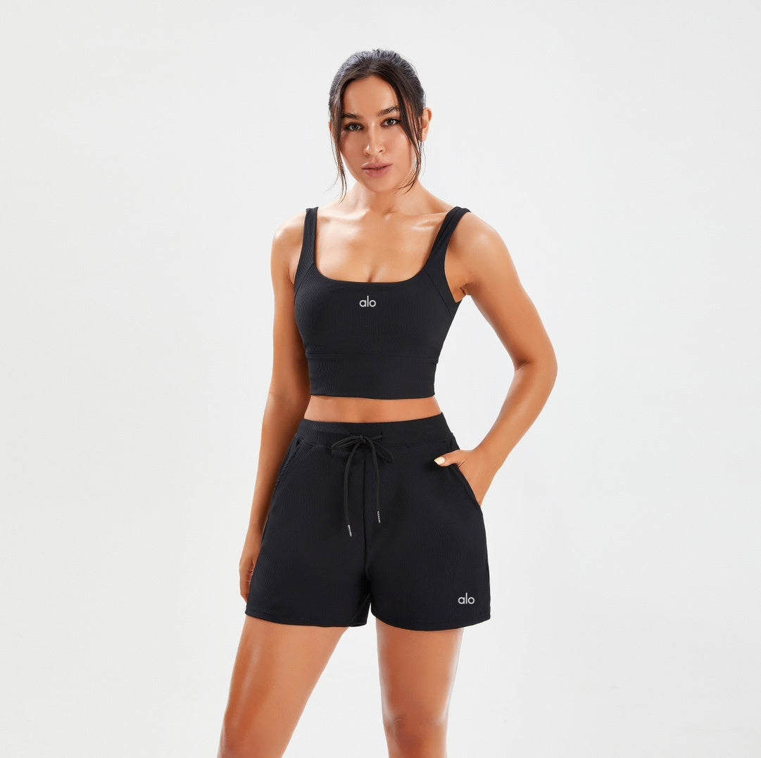 alo5109   Women's yoga lingerie high stretch sleeveless vest shorts casual suit clothing