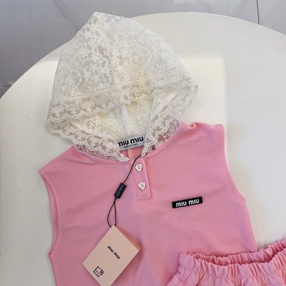 TMIUC1 New girls' summer cotton collar top+cotton shorts set Clothing