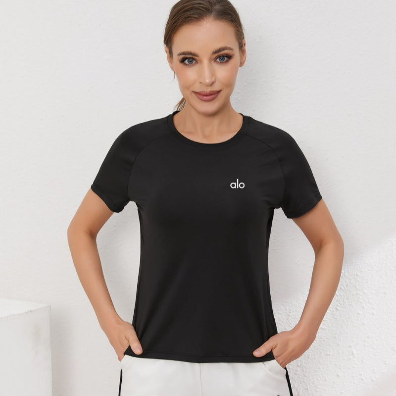 zalo2148  Women's short sleeved round neck split hem slimming and slimming, quick drying running and fitness clothing