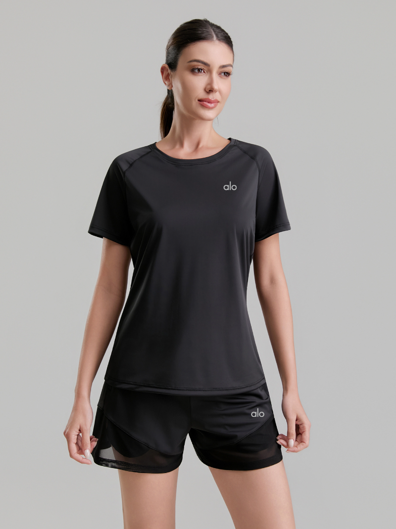 zalo2163   Women's summer clothing round neck mesh splicing refreshing and breathable quick drying clothes anti glare shorts set clothing