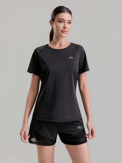 zalo2163   Women's summer clothing round neck mesh splicing refreshing and breathable quick drying clothes anti glare shorts set clothing