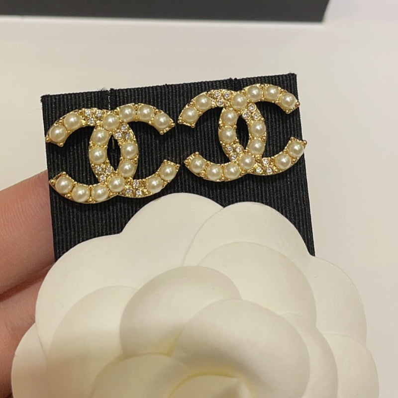 CHE86  Women's 24A rhinestone pearl double C earring jewelry