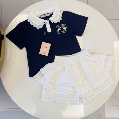 TMIUC2 New girls' summer cotton collar top+cotton shorts set Clothing