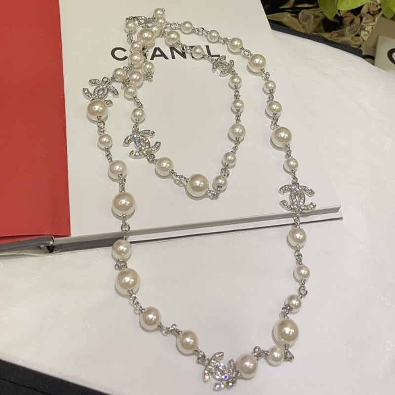 CHN120  Women's Classic Full Diamond C Pearl Necklace Sweater Chain Jewelry