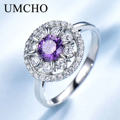 UMCHO  S925 Sterling Silver Rings for Women Amethyst Ring Gemstone Aquamarine Cushion  Romantic Gift Engagement Jewelry