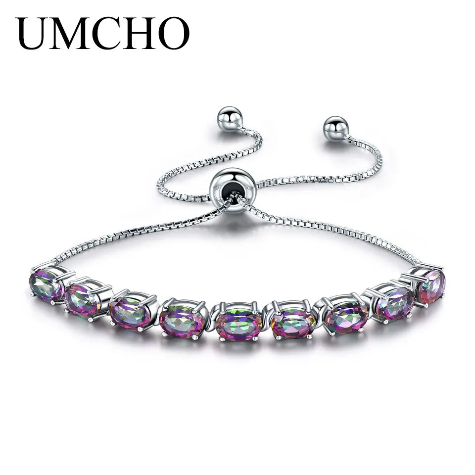 UMCHO 9ct Mystic Topaz Pure 925 Sterling Silver Chain For Women Fine Jewelry Adjustable Bracelet Mothers' Day Gift New