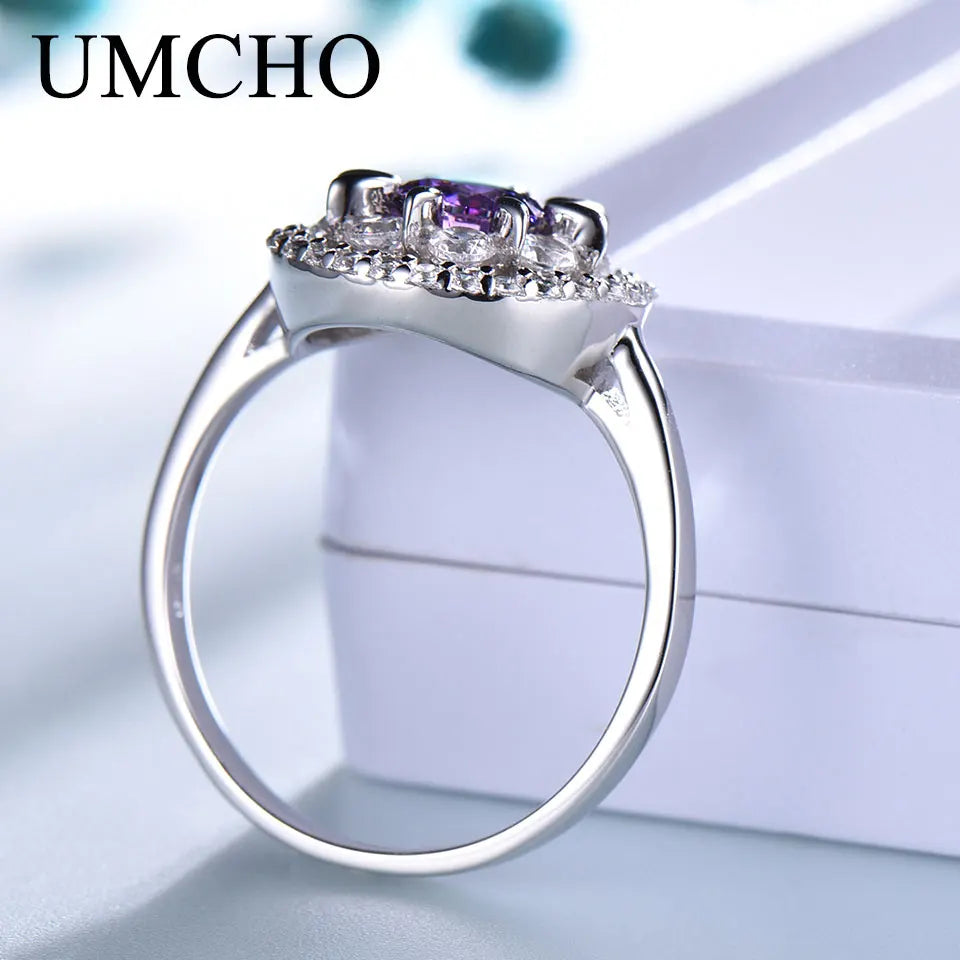 UMCHO  S925 Sterling Silver Rings for Women Amethyst Ring Gemstone Aquamarine Cushion  Romantic Gift Engagement Jewelry
