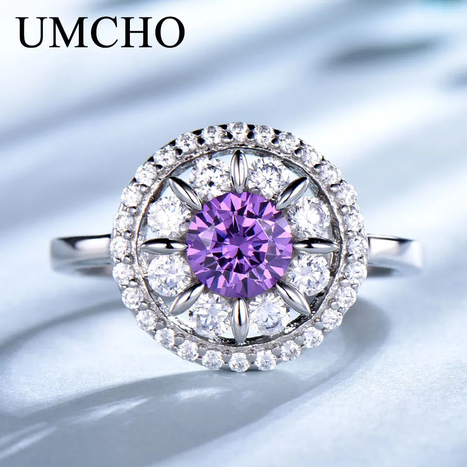 UMCHO  S925 Sterling Silver Rings for Women Amethyst Ring Gemstone Aquamarine Cushion  Romantic Gift Engagement Jewelry