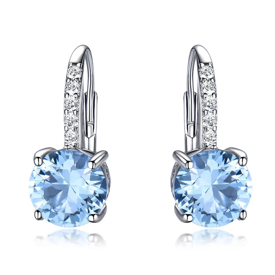 UMCHO Real 925 Sterling Silver Clip Earrings For Women Gemstone Sky Blue Topaz Female Earrings Round Wedding Valentine's Jewelry