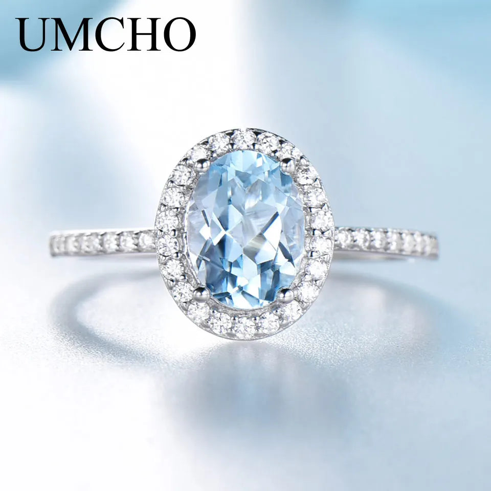 UMCHO Sky Blue Topaz Gemstone Rings for Women Genuine 925 Sterling Silver Ring Oval Romantic Gift Luxury Engagement Jewelry