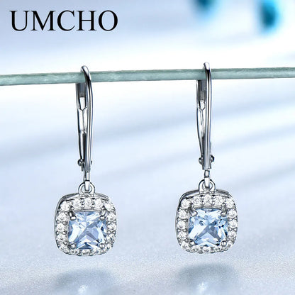 UMCHO Solid Sterling Silver Clip Earrings For Women Aquamarine Blue Topaz Earrings Christmas Jewelry Wedding Gift With Box