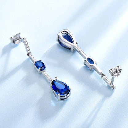 UMCHO Solid 925 Sterling Silver Drop Earrings For Women Blue Sapphire Earrings Wedding Handmade Jewelry Simple Modern Gift
