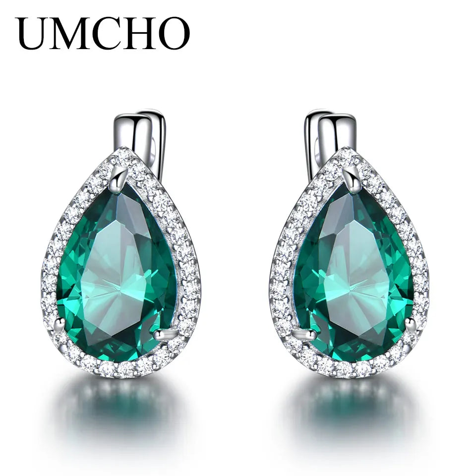 UMCHO Green Emerald Gemstone Clip Earrings 925 Sterling Silver Earrings For Women New Fashion Oval Birthstone Fine Jewelry Gift